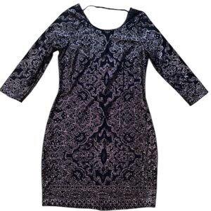 Elegant Black and Gold Glitter Patterned Dress 3/4 Sleeve Cut out Back NWT